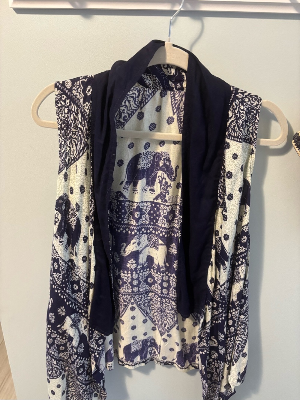 Navy and Cream Elephant Print Open Front vest